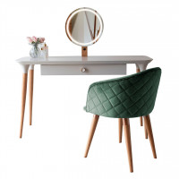 Manhattan Comfort 2-2530511020483 2-Piece HomeDock Vanity Dressing Table with Mirror Led Lights and Kari Accent Chair Set in Off White and Green